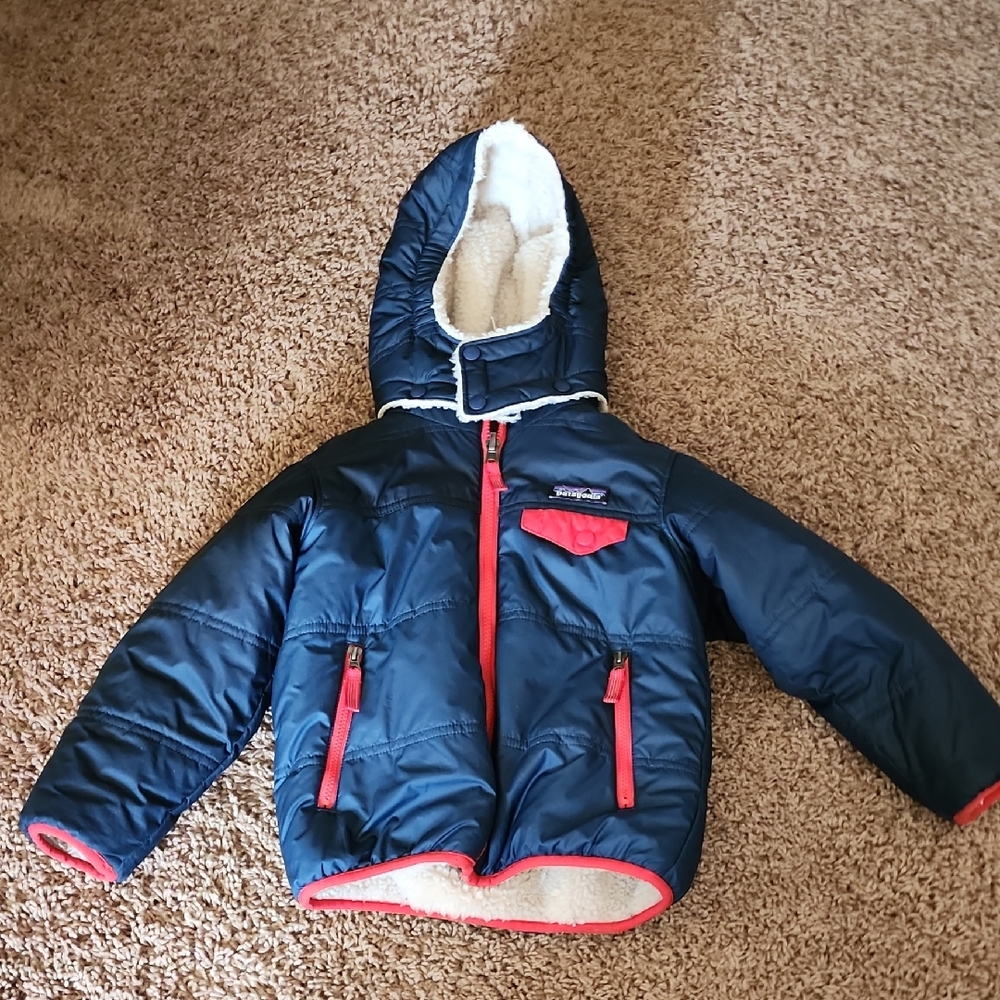Patagonia Tribbles Hooded Jacket Coat 4t Navy Red Reversible EUC